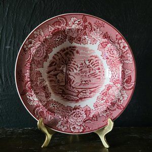 Vintage Woods Ware English Scenery Rim Cereal Bowl Red Pink Transferware